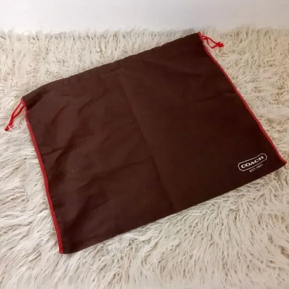 COACH Dust Bag Purse Shoes Soft Brushed Brown Red Trim Satin Drawstring Cord - Picture 1 of 3